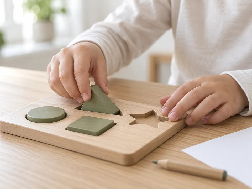 Une activité de manipulation avec des formes en bois.